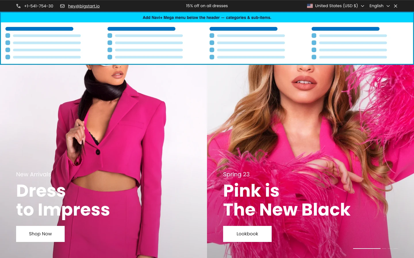 Navi+ Mega Menu inserted below the header on the Marble Shopify theme Navi+ Mega Menu inserted below the header on the Marble Shopify theme