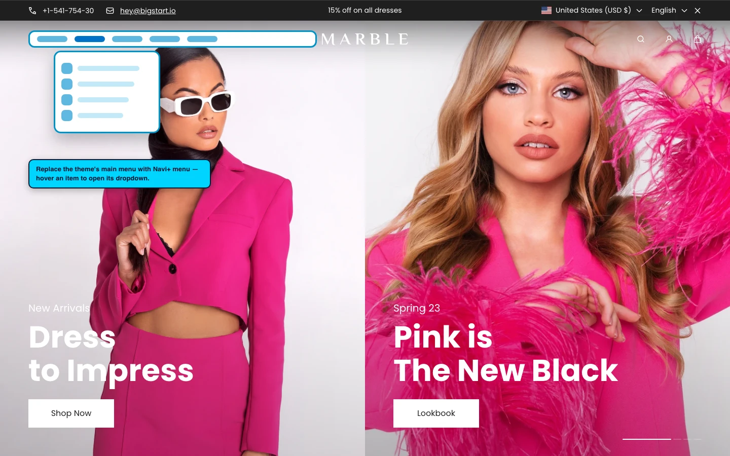 Navi+ Mega Menu replacing the desktop menu on the Marble Shopify theme Navi+ Mega Menu replacing the desktop menu on the Marble Shopify theme