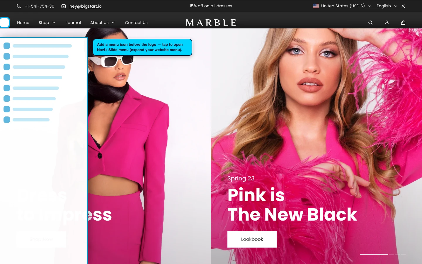 Navi+ trigger icon before the logo on the Marble Shopify theme Navi+ trigger icon before the logo on the Marble Shopify theme