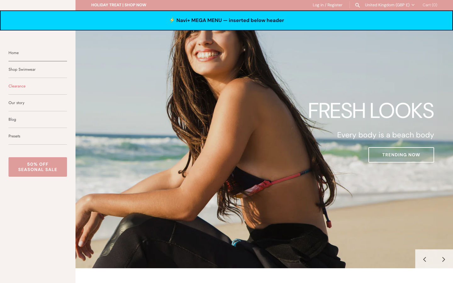 Menu inserted below header — Navi+ on the Masonry Shopify theme Menu inserted below header — Navi+ on the Masonry Shopify theme