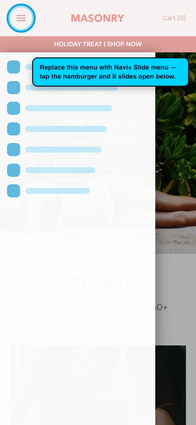 Navi+ Slide Menu on the Masonry Shopify theme Navi+ Slide Menu on the Masonry Shopify theme