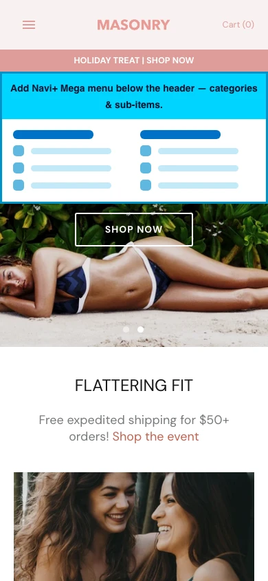 Navi+ mobile Mega Menu on the Masonry Shopify theme Navi+ mobile Mega Menu on the Masonry Shopify theme