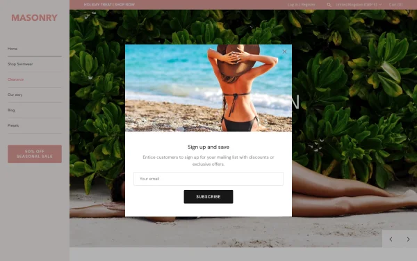 Full-page desktop screenshot of Shopify Masonry theme demo store