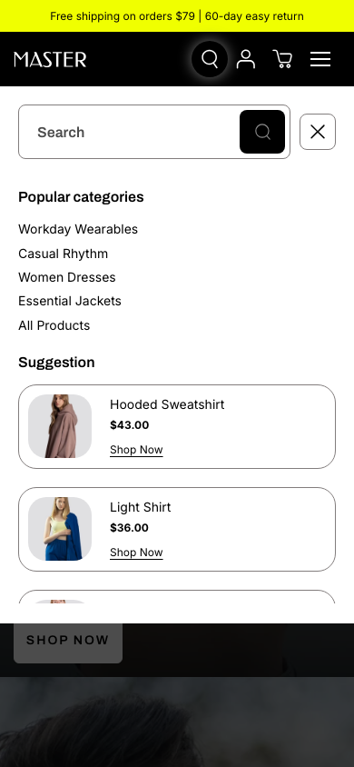 Search → panel opened — Navi+ on the Master Shopify theme Search → panel opened — Navi+ on the Master Shopify theme