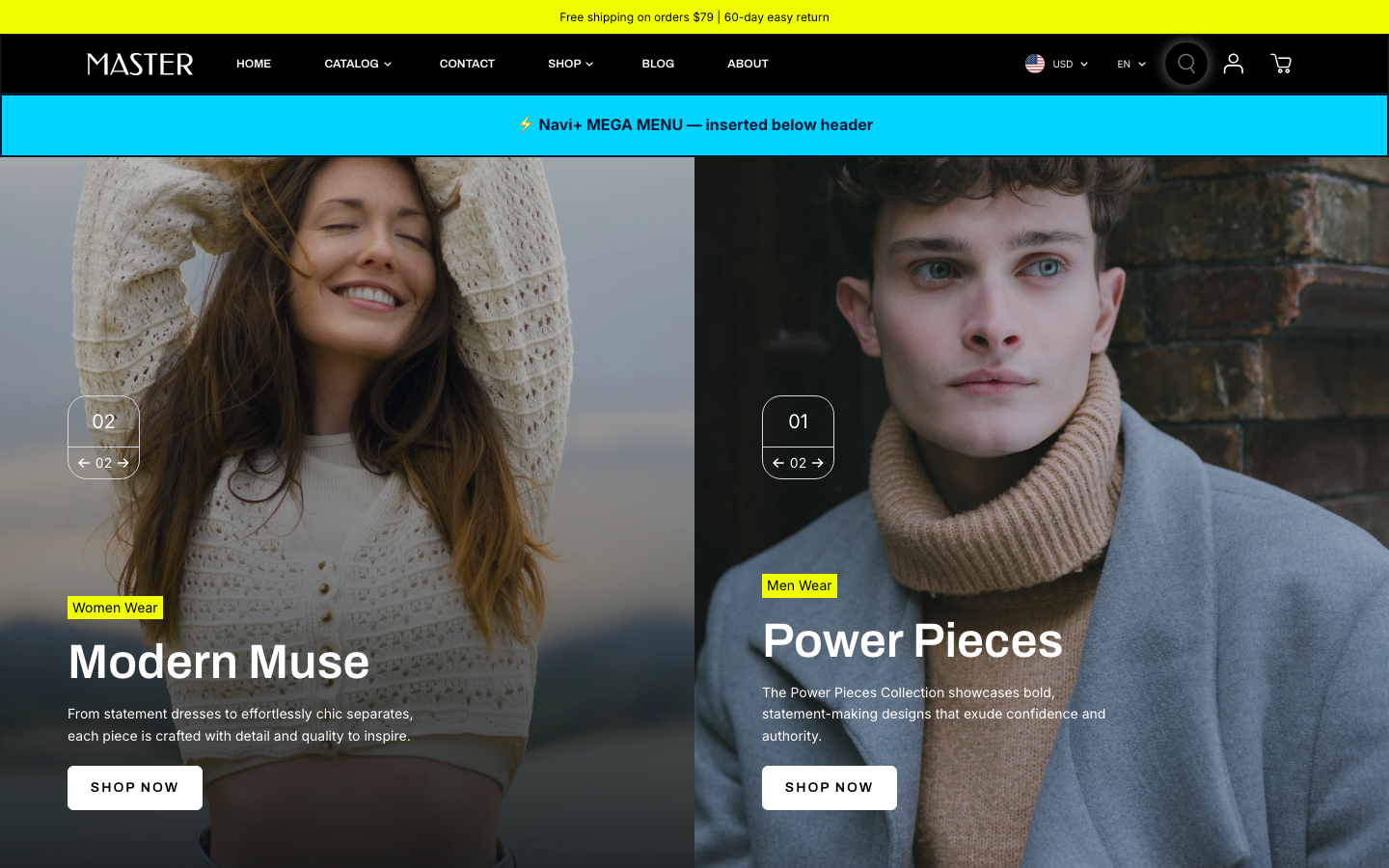 Menu inserted below header — Navi+ on the Master Shopify theme Menu inserted below header — Navi+ on the Master Shopify theme