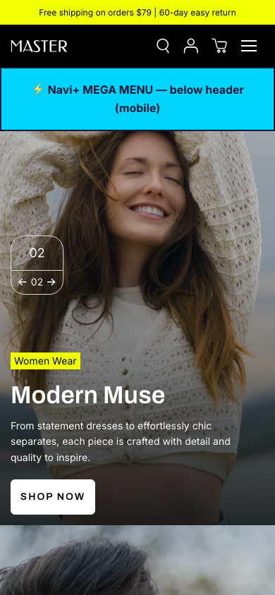 Menu inserted below header — Navi+ on the Master Shopify theme Menu inserted below header — Navi+ on the Master Shopify theme