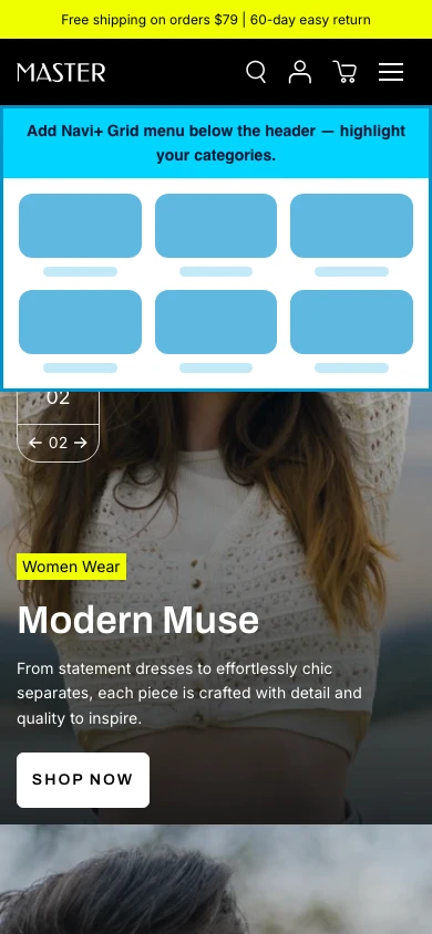 Navi+ Grid Menu on the Master Shopify theme Navi+ Grid Menu on the Master Shopify theme