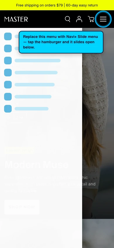 Navi+ Slide Menu on the Master Shopify theme Navi+ Slide Menu on the Master Shopify theme