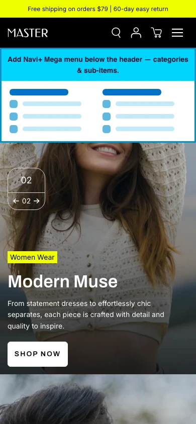 Navi+ mobile Mega Menu on the Master Shopify theme Navi+ mobile Mega Menu on the Master Shopify theme