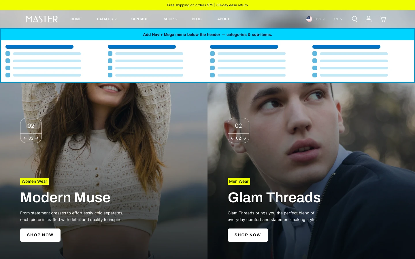 Navi+ Mega Menu inserted below the header on the Master Shopify theme Navi+ Mega Menu inserted below the header on the Master Shopify theme