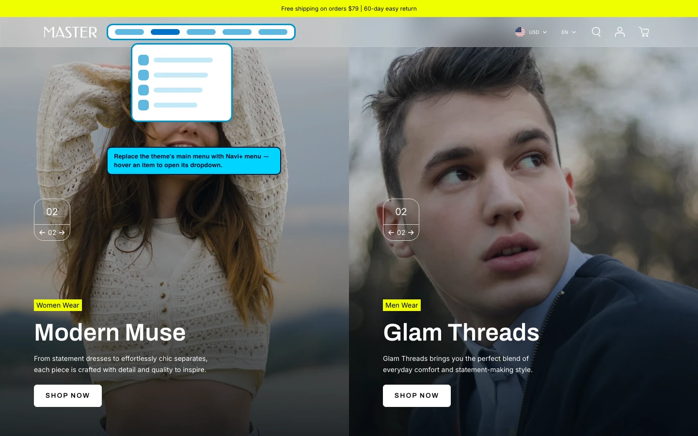 Navi+ Mega Menu replacing the desktop menu on the Master Shopify theme Navi+ Mega Menu replacing the desktop menu on the Master Shopify theme