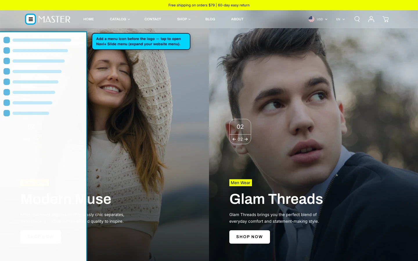 Navi+ trigger icon before the logo on the Master Shopify theme Navi+ trigger icon before the logo on the Master Shopify theme