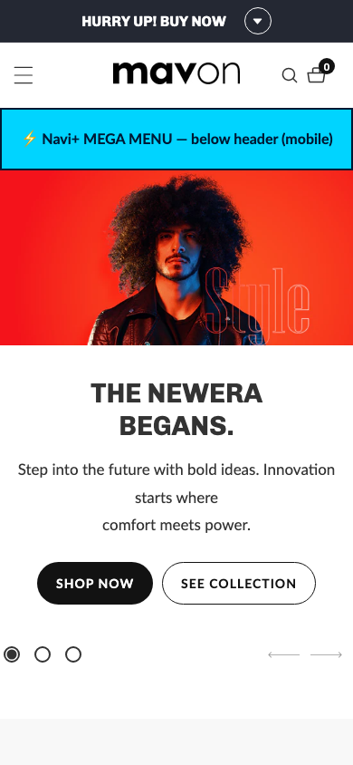 Menu inserted below header — Navi+ on the Mavon Shopify theme Menu inserted below header — Navi+ on the Mavon Shopify theme