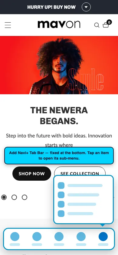Navi+ Tab Bar on the Mavon Shopify theme Navi+ Tab Bar on the Mavon Shopify theme