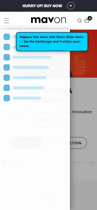 Navi+ Slide Menu on the Mavon Shopify theme Navi+ Slide Menu on the Mavon Shopify theme