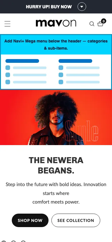 Navi+ mobile Mega Menu on the Mavon Shopify theme Navi+ mobile Mega Menu on the Mavon Shopify theme