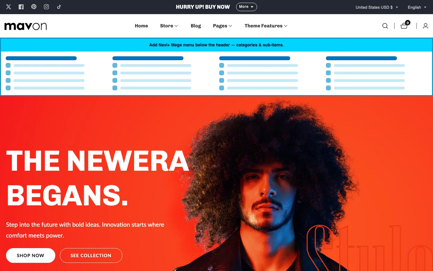 Navi+ Mega Menu inserted below the header on the Mavon Shopify theme Navi+ Mega Menu inserted below the header on the Mavon Shopify theme