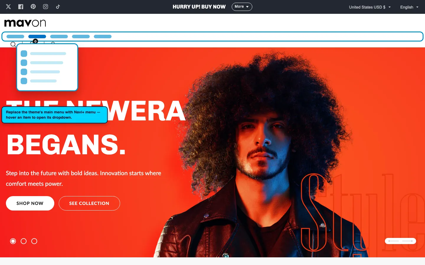 Navi+ Mega Menu replacing the desktop menu on the Mavon Shopify theme