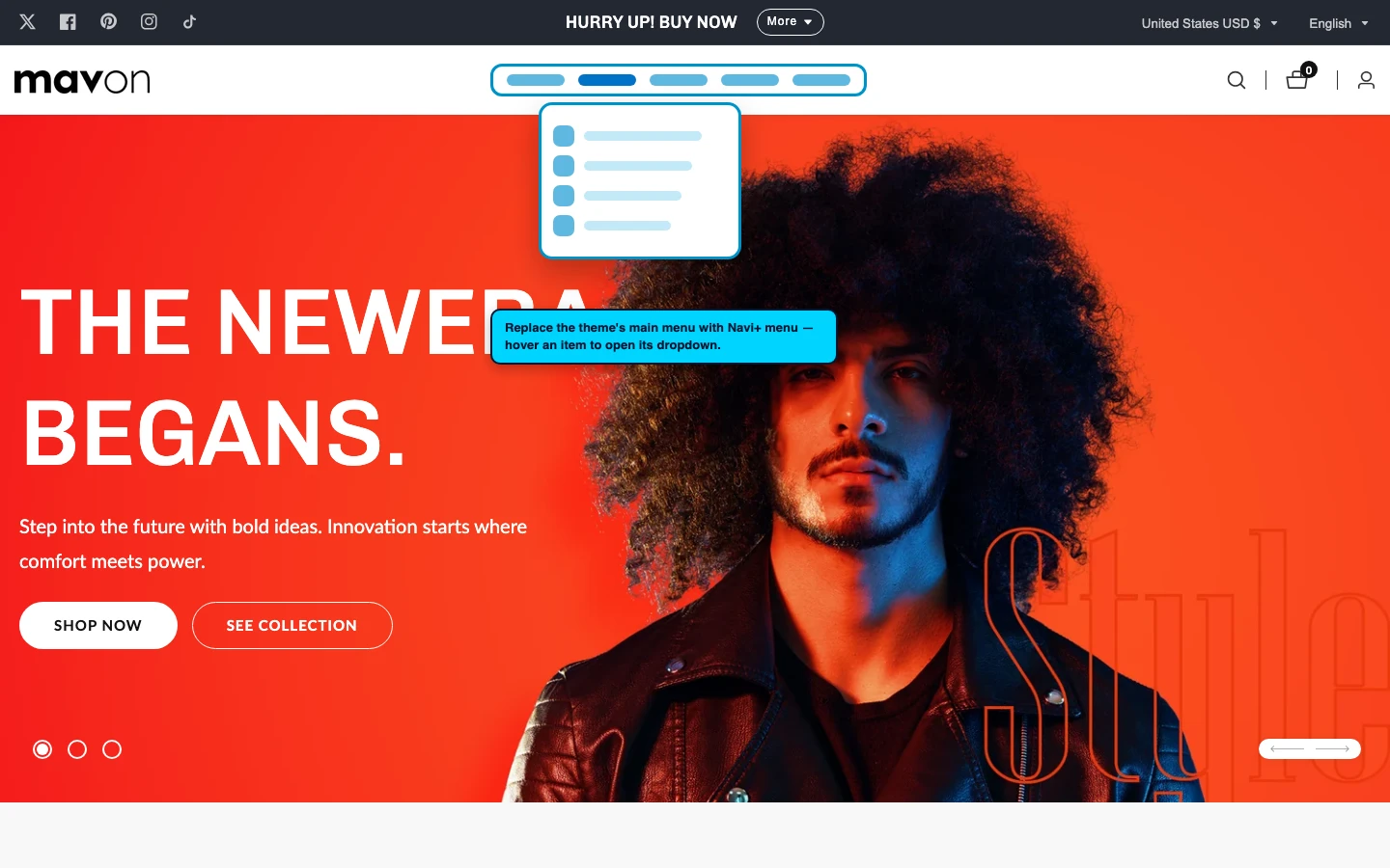 Navi+ Mega Menu replacing the desktop menu on the Mavon Shopify theme Navi+ Mega Menu replacing the desktop menu on the Mavon Shopify theme