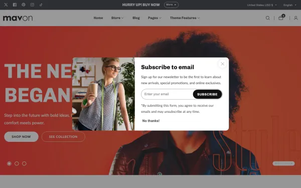 Full-page desktop screenshot of Shopify Mavon theme demo store