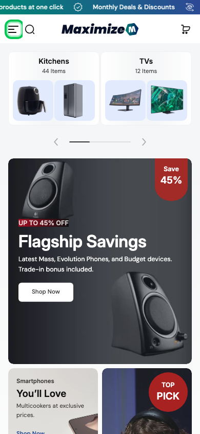 Hamburger → panel opened — Navi+ on the Maximize Shopify theme