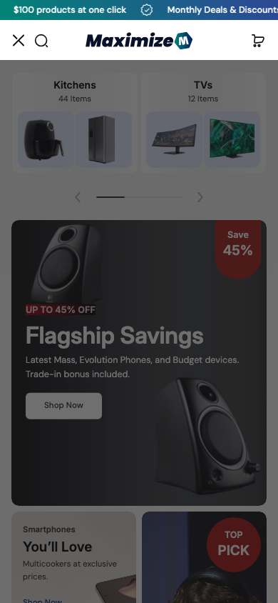 Hamburger → panel opened — Navi+ on the Maximize Shopify theme