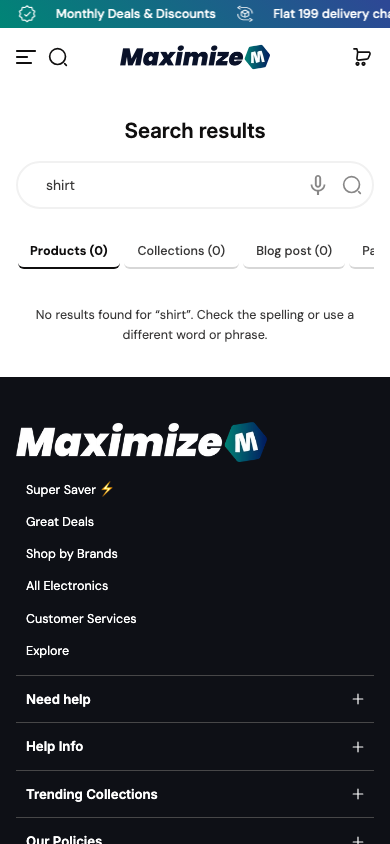 Search → panel opened — Navi+ on the Maximize Shopify theme