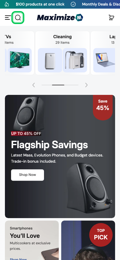 Search → panel opened — Navi+ on the Maximize Shopify theme