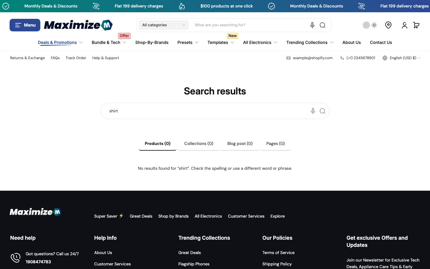 Search → panel opened — Navi+ on the Maximize Shopify theme