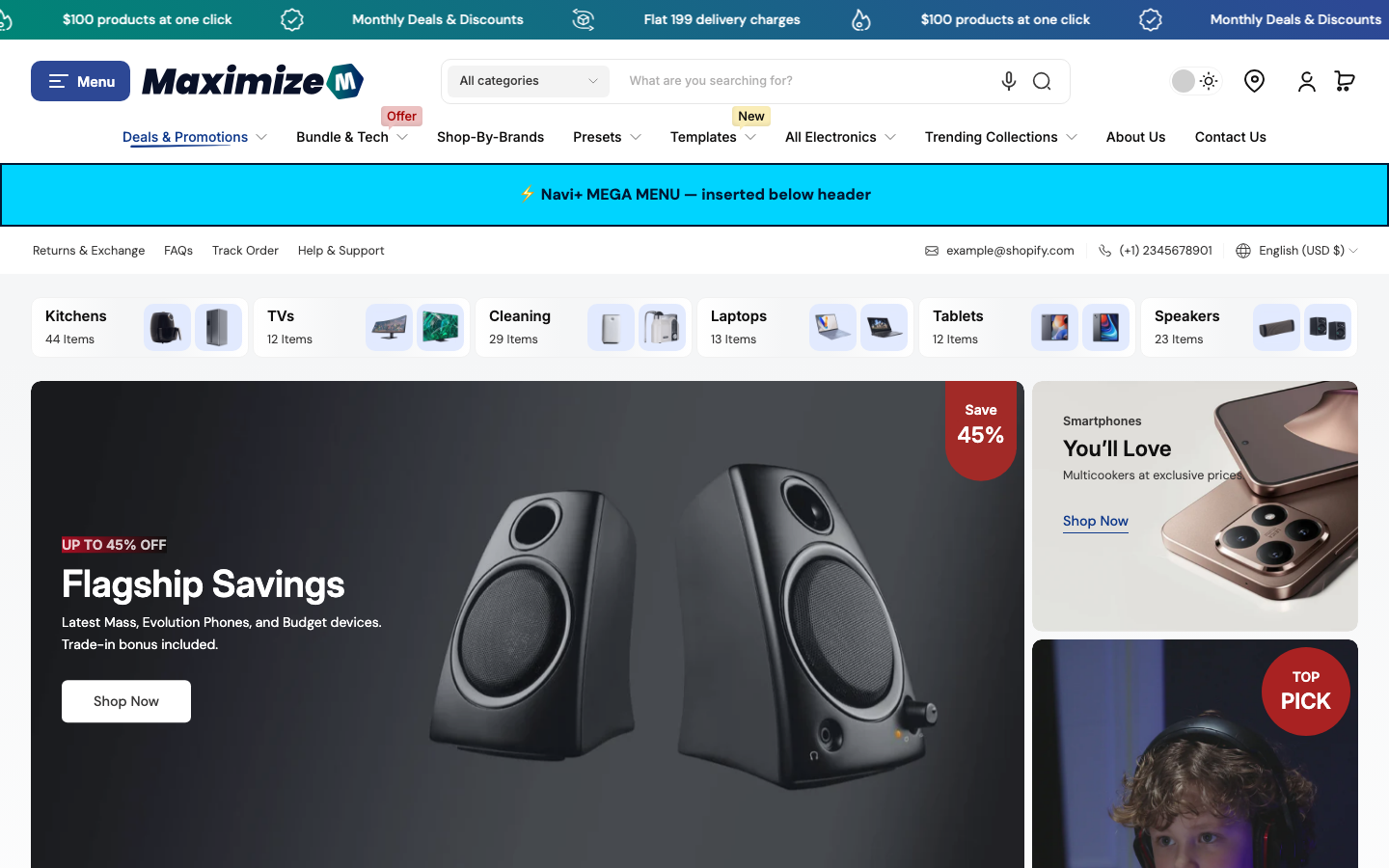Menu inserted below header — Navi+ on the Maximize Shopify theme