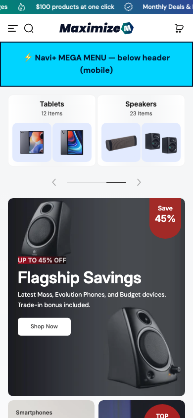 Menu inserted below header — Navi+ on the Maximize Shopify theme