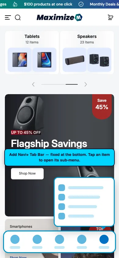 Navi+ Tab Bar on the Maximize Shopify theme Navi+ Tab Bar on the Maximize Shopify theme