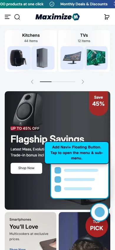 Navi+ FAB on the Maximize Shopify theme Navi+ FAB on the Maximize Shopify theme