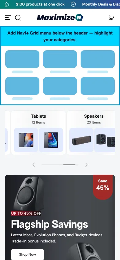 Navi+ Grid Menu on the Maximize Shopify theme Navi+ Grid Menu on the Maximize Shopify theme