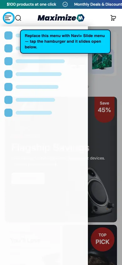 Navi+ Slide Menu on the Maximize Shopify theme Navi+ Slide Menu on the Maximize Shopify theme