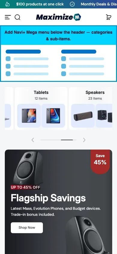 Navi+ mobile Mega Menu on the Maximize Shopify theme Navi+ mobile Mega Menu on the Maximize Shopify theme
