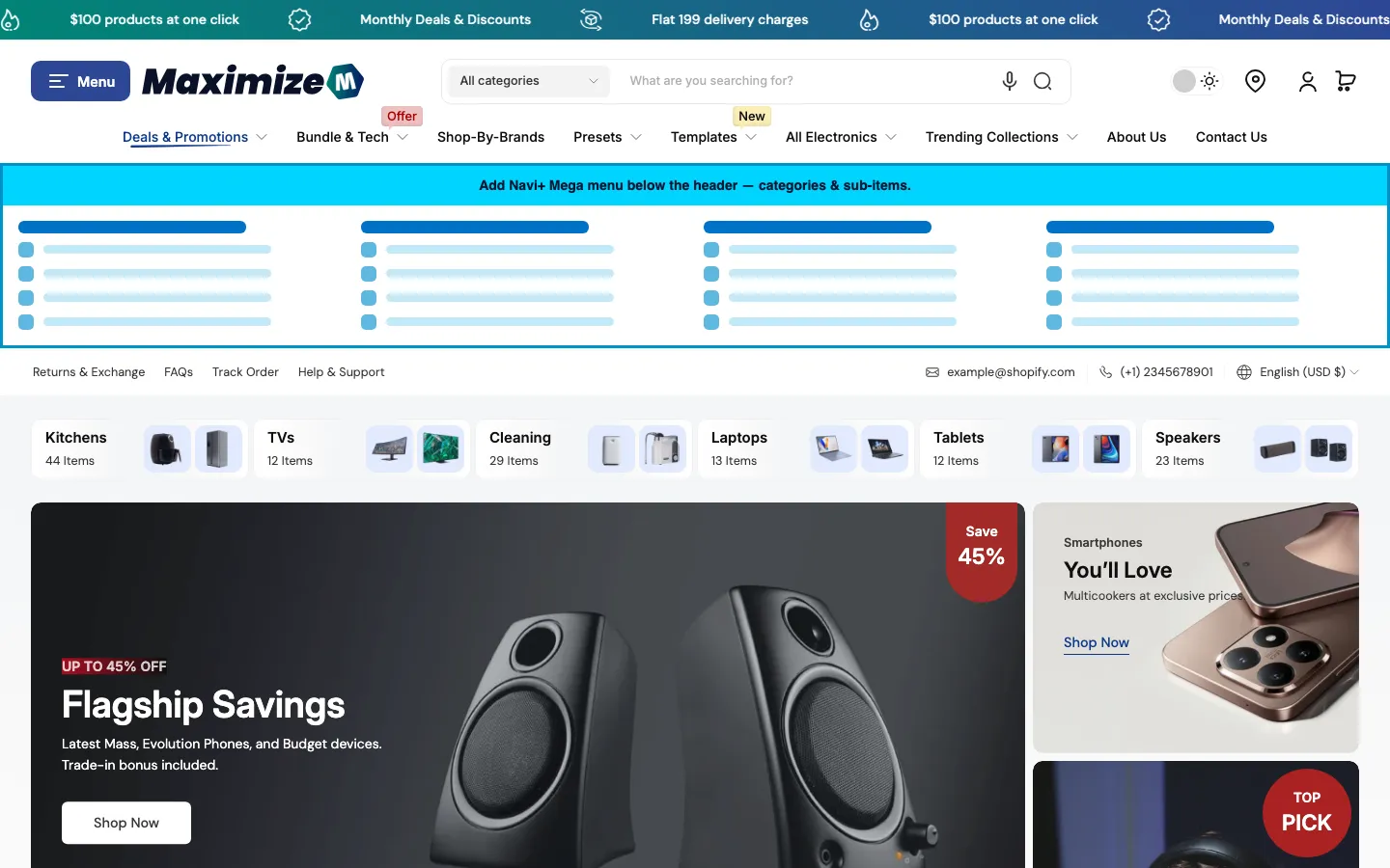 Navi+ Mega Menu inserted below the header on the Maximize Shopify theme Navi+ Mega Menu inserted below the header on the Maximize Shopify theme