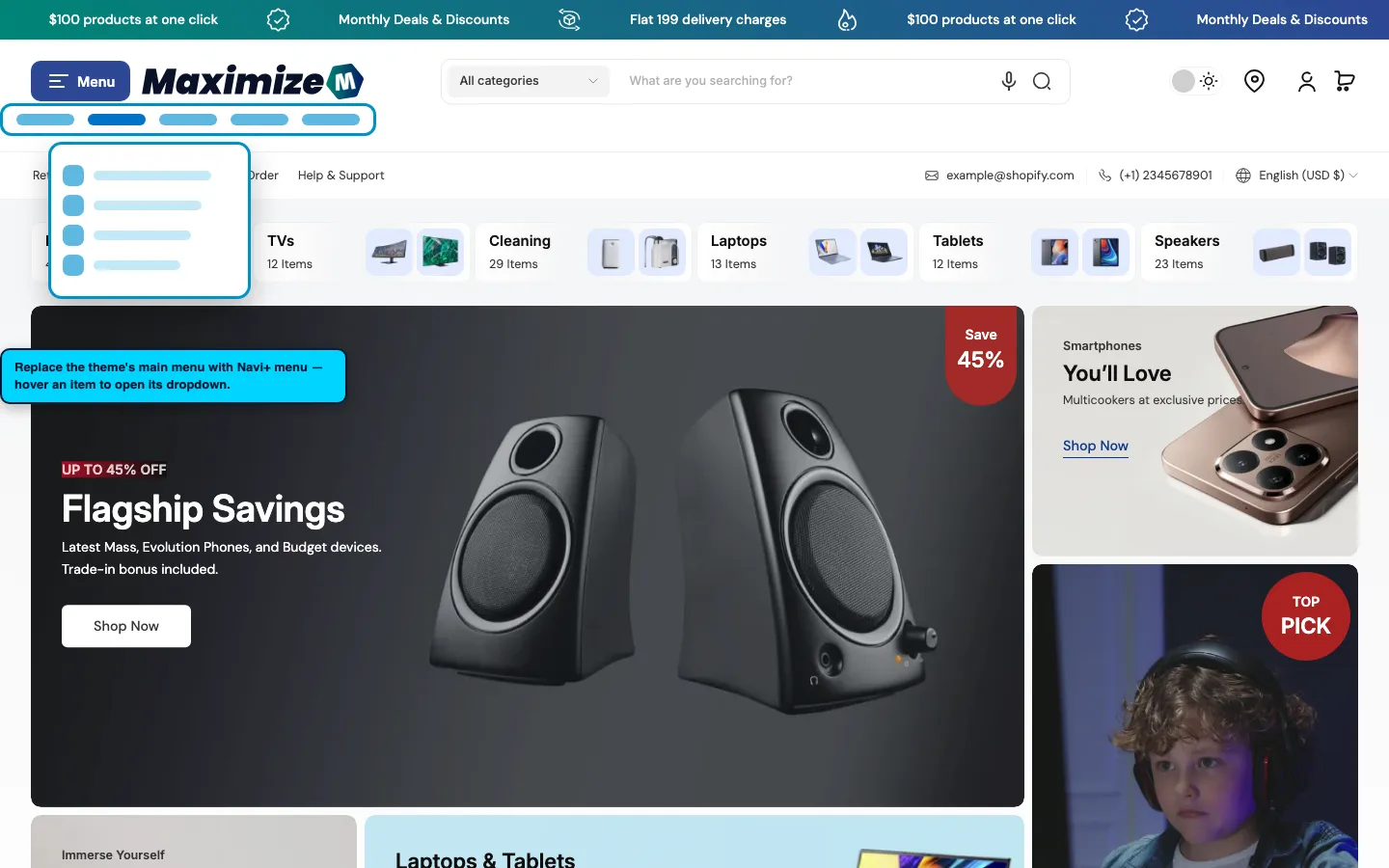 Navi+ Mega Menu replacing the desktop menu on the Maximize Shopify theme