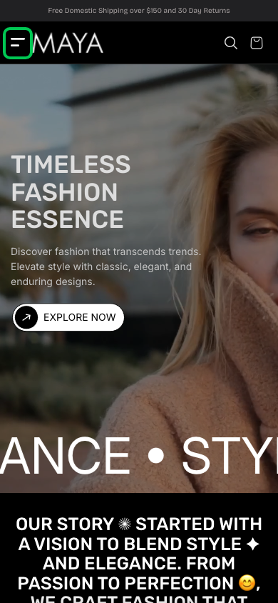 Hamburger → panel opened — Navi+ on the Maya Shopify theme Hamburger → panel opened — Navi+ on the Maya Shopify theme