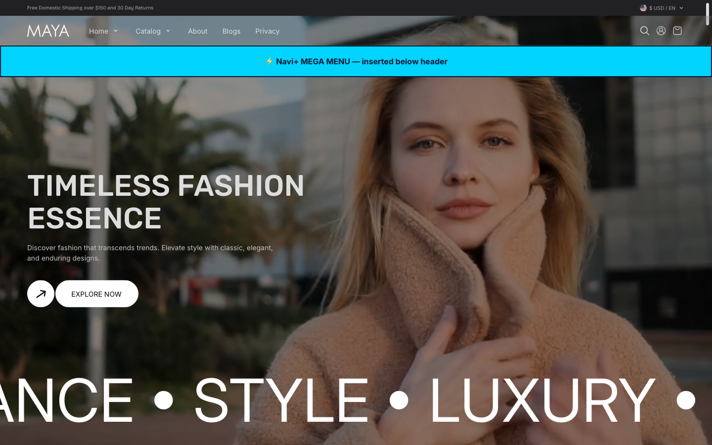 Menu inserted below header — Navi+ on the Maya Shopify theme Menu inserted below header — Navi+ on the Maya Shopify theme