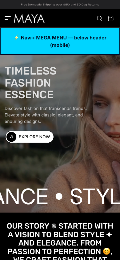 Menu inserted below header — Navi+ on the Maya Shopify theme Menu inserted below header — Navi+ on the Maya Shopify theme