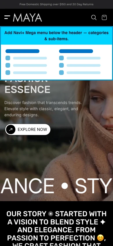 Navi+ mobile Mega Menu on the Maya Shopify theme Navi+ mobile Mega Menu on the Maya Shopify theme