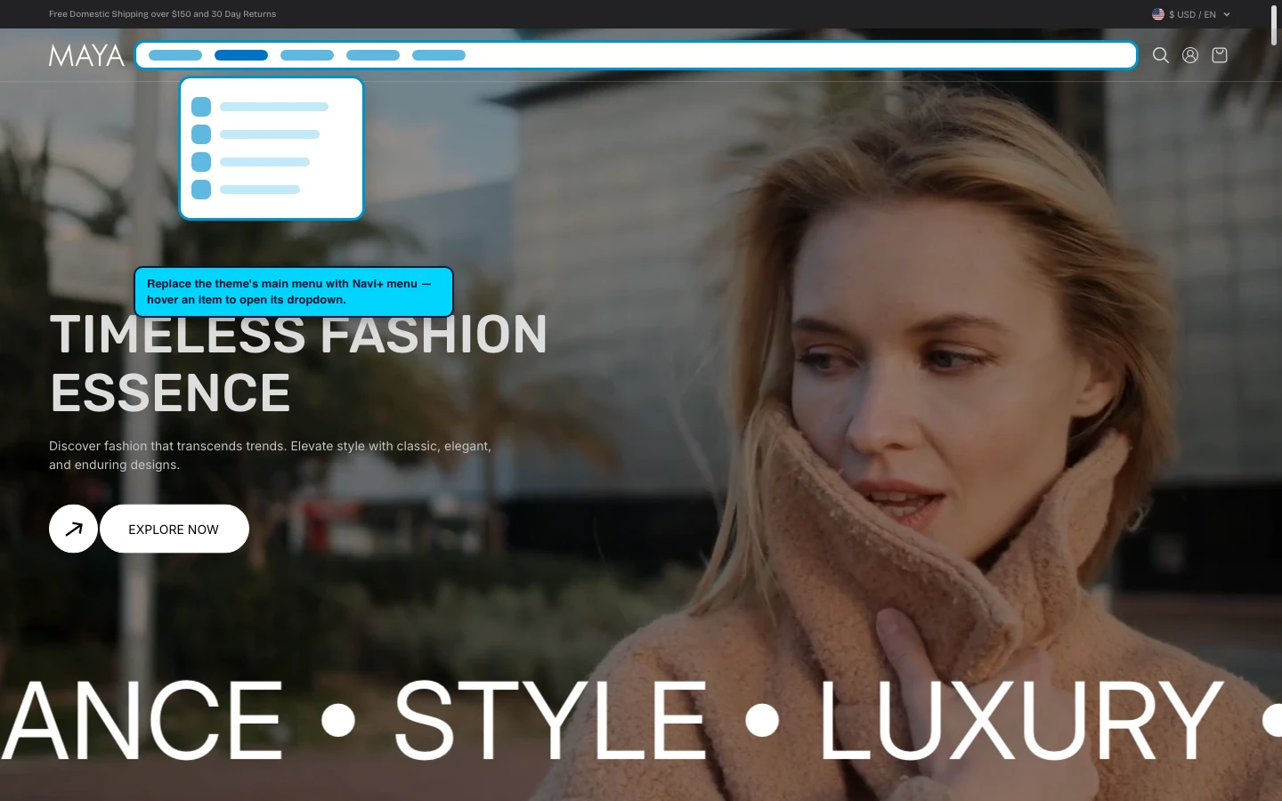 Navi+ Mega Menu replacing the desktop menu on the Maya Shopify theme Navi+ Mega Menu replacing the desktop menu on the Maya Shopify theme