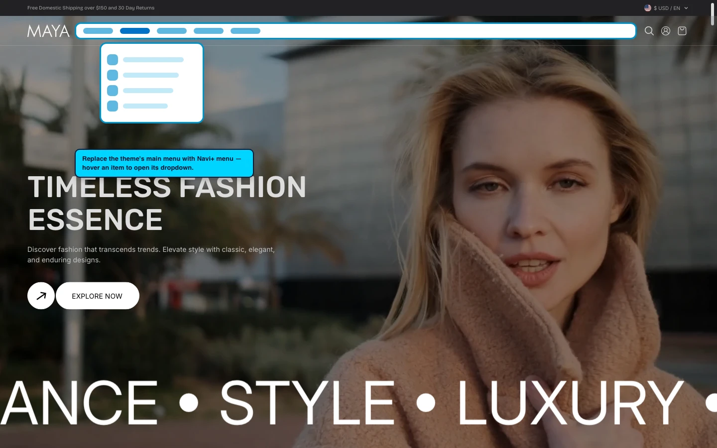 Navi+ Mega Menu replacing the desktop menu on the Maya Shopify theme Navi+ Mega Menu replacing the desktop menu on the Maya Shopify theme