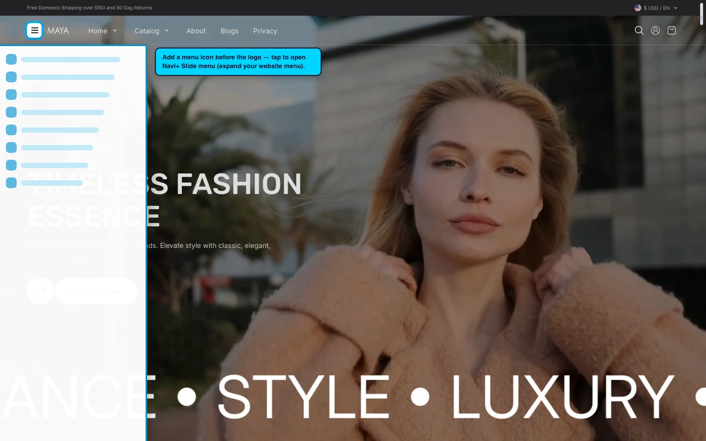 Navi+ trigger icon before the logo on the Maya Shopify theme Navi+ trigger icon before the logo on the Maya Shopify theme