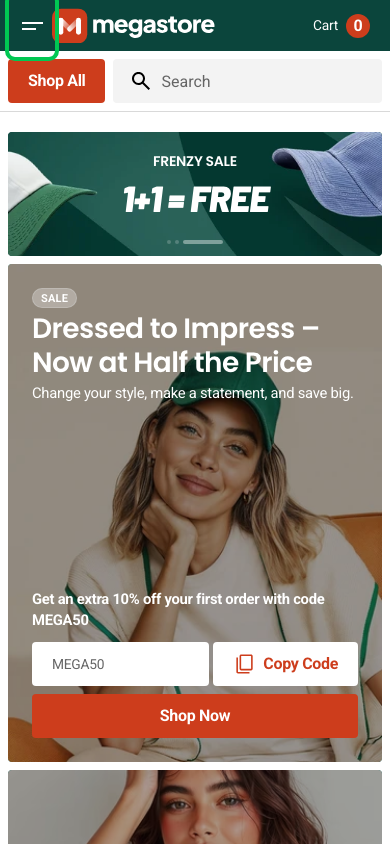 Hamburger → panel opened — Navi+ on the Megastore Shopify theme Hamburger → panel opened — Navi+ on the Megastore Shopify theme