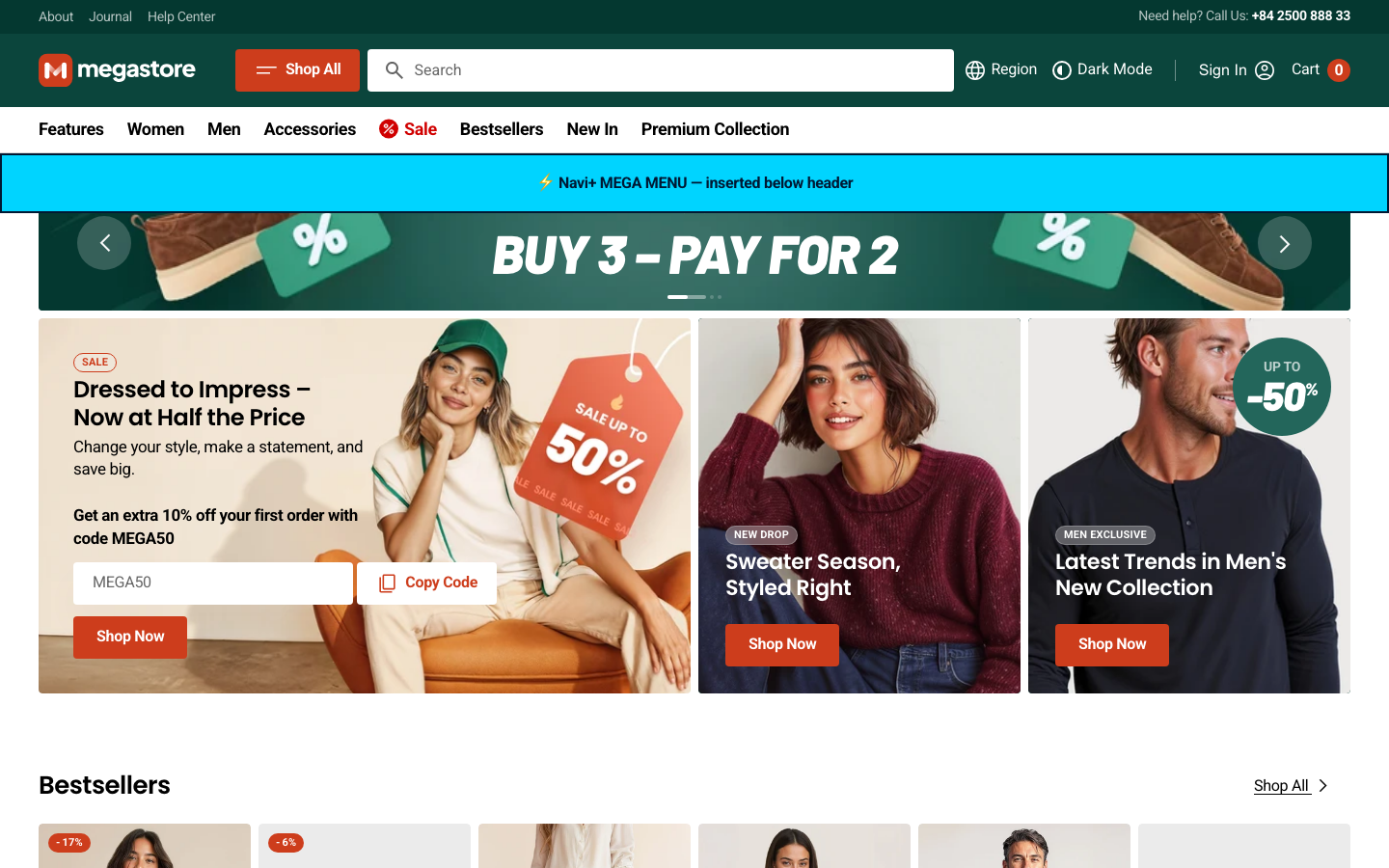 Menu inserted below header — Navi+ on the Megastore Shopify theme Menu inserted below header — Navi+ on the Megastore Shopify theme