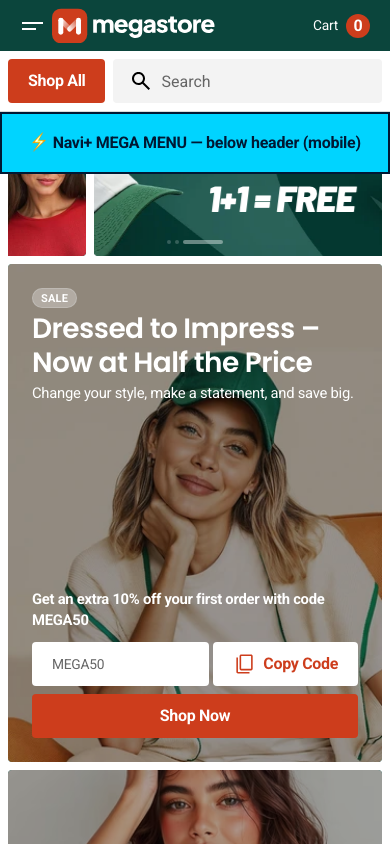 Menu inserted below header — Navi+ on the Megastore Shopify theme Menu inserted below header — Navi+ on the Megastore Shopify theme
