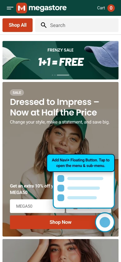 Navi+ FAB on the Megastore Shopify theme Navi+ FAB on the Megastore Shopify theme