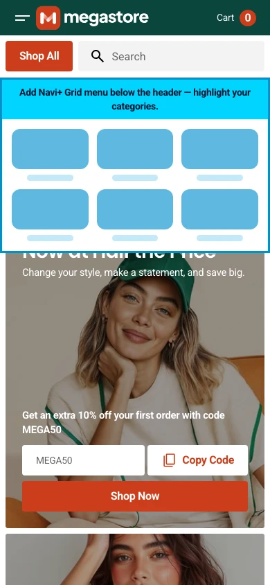 Navi+ Grid Menu on the Megastore Shopify theme Navi+ Grid Menu on the Megastore Shopify theme
